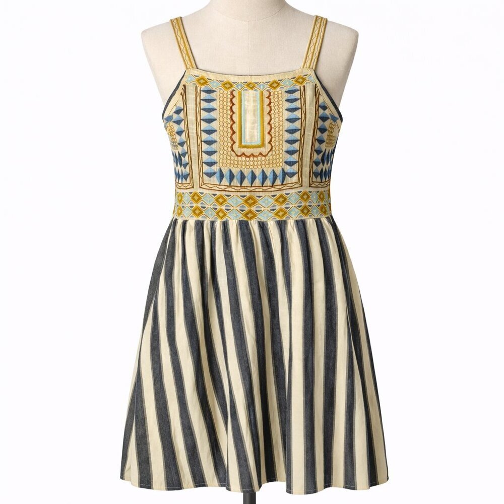 Entro Embroidered Striped Square Neck Pinafore Dress Women's Size‎ S